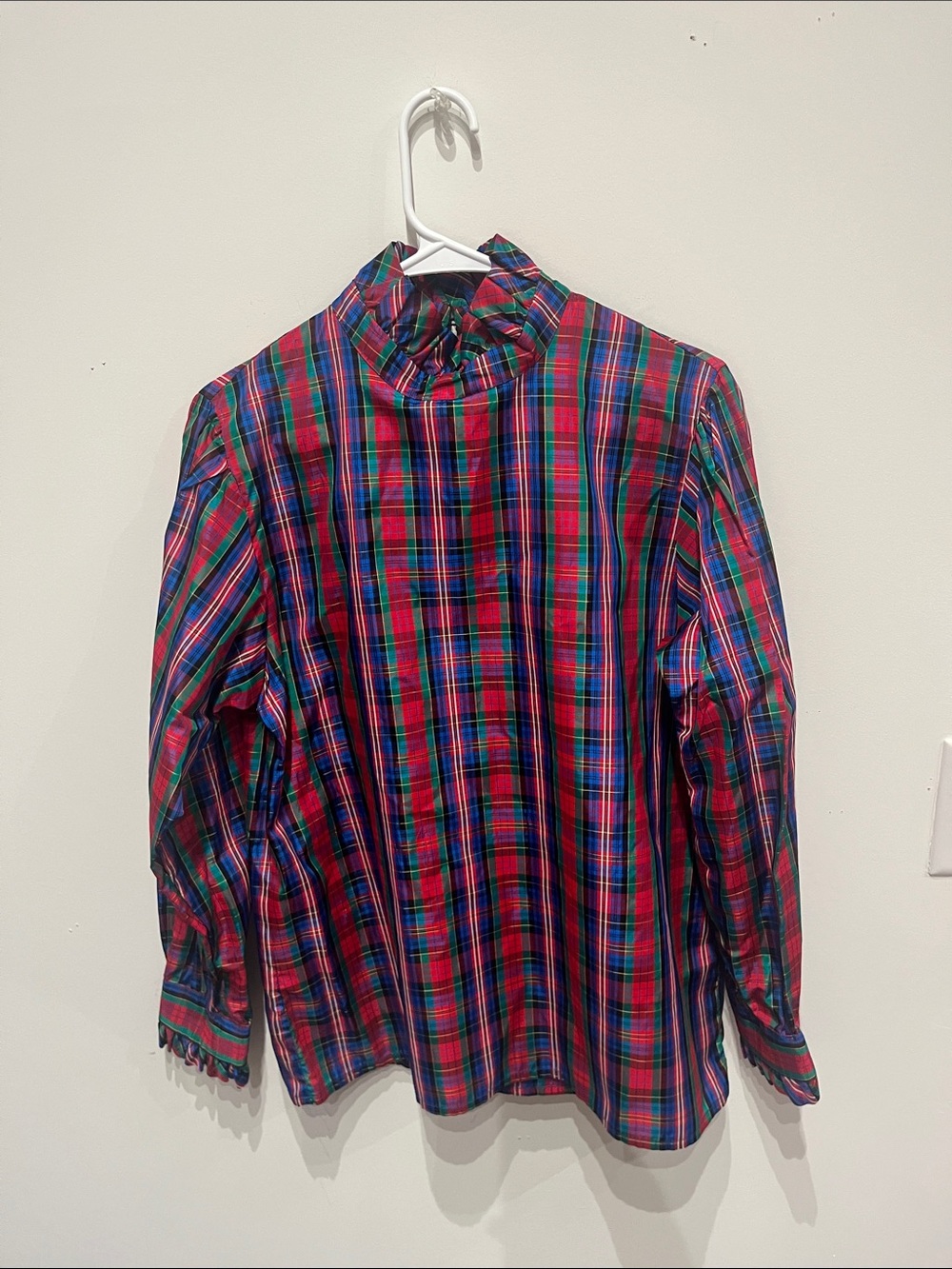 Ladies MR HANK Plaid Long-Sleeve Ruffled Neck Shirt - Red/Green/Blue